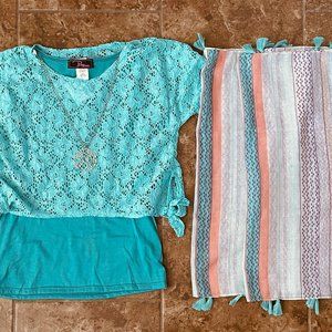 Girls Sz 14 P.Inc Green Blouse W/ Necklace, Scarf